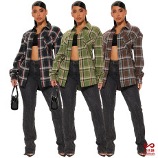 Casual plaid pocket button edging top long shirt