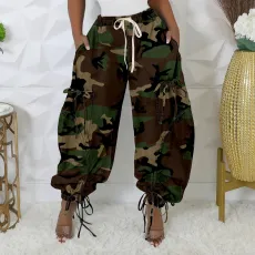 Fashionable camouflage print with drawstring, large pocket lantern, loose toe tie, harem pants, long pants