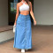 Women's high waisted midi skirt with single row button slits and large pockets denim skirt