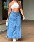 Women's high waisted midi skirt with single row button slits and large pockets denim skirt