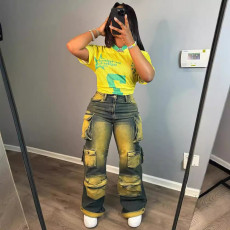 Women's trendy and personalized multi pocket hanging dye high waisted work pants