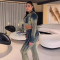 Jeans set, street hanging dyed long sleeved top, tassel jeans