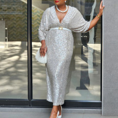 Fashionable women's temperament V-neck sexy slimming sequin plus size dress