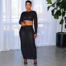 Women's fashion hollowed out mesh long sleeved top+sexy hip hugging skirt