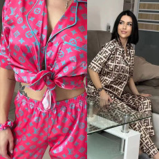 Minimalist ice silk pajamas two-piece set, long pants, short sleeves, home wear (including headband)