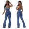 Women's fashion casual sexy strapless backless adjustable drawstring denim jumpsuit