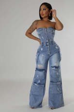 Casual and fashionable strapless women's slim fit denim jumpsuit work pants