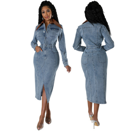 Fashion women's new denim patchwork long sleeved slit mid length dress