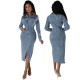 Fashion women's new denim patchwork long sleeved slit mid length dress