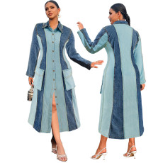 Large size women's new denim patchwork lapel long sleeved dress source