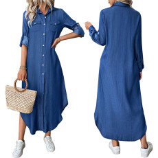 Shirt collar button denim long sleeved dress