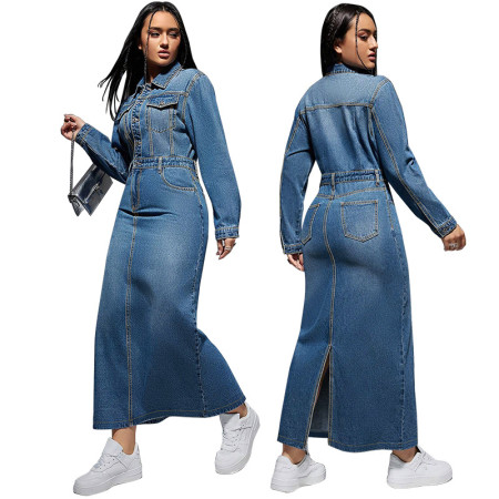 New women's clothing long sleeved lapel button slit long dress