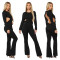 Beauty studded pearl bubble bead long sleeved backless wide leg pants jumpsuit