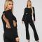 Beauty studded pearl bubble bead long sleeved backless wide leg pants jumpsuit
