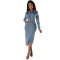 Fashion women's new denim patchwork long sleeved slit mid length dress