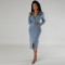 Fashion women's new denim patchwork long sleeved slit mid length dress