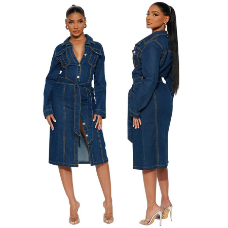Fashion women's new denim long sleeved jacket style mid length dress