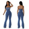 Women's fashion casual sexy strapless backless adjustable drawstring denim jumpsuit