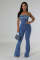 Women's fashion casual sexy strapless backless adjustable drawstring denim jumpsuit