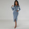 Fashion women's new denim patchwork long sleeved slit mid length dress