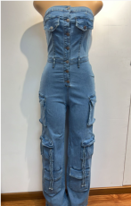 New strapless multi pocket workwear jeans jumpsuit with multiple buttons for women's wear