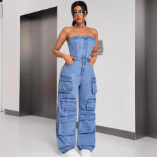 Fashionable hot girl strapless multi pocket work pants