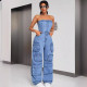 Fashionable hot girl strapless multi pocket work pants