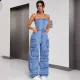 Fashionable hot girl strapless multi pocket work pants