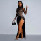 Fashion Women's Hot Diamond Sexy Hollow Long Sleeve Split Dress