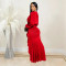 Fashionable women's elegant V-neck slit long sleeved solid color dress