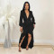 Fashionable women's elegant V-neck slit long sleeved solid color dress
