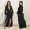 Fashionable women's elegant V-neck slit long sleeved solid color dress