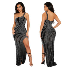 Hip hugging skirt with slanted shoulders, sexy perspective rhinestone hot stamping evening dress for women