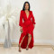 Fashionable women's elegant V-neck slit long sleeved solid color dress