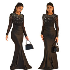 Round neck slim fit evening gown with fashionable mesh and rhinestone hot pressed long sleeved dress, wrapped in buttocks for women