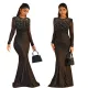 Round neck slim fit evening gown with fashionable mesh and rhinestone hot pressed long sleeved dress, wrapped in buttocks for women