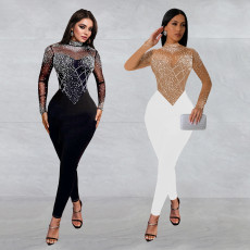Fashion women's slim fit mesh rhinestone hot pressed long sleeved pants jumpsuit