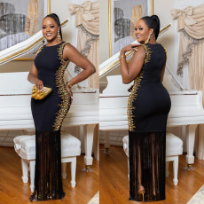 Foreign trade hot stamping round neck sleeveless tassel skirt long skirt party bag buttocks sexy women's clothing