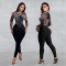 Fashion women's slim fit mesh rhinestone hot pressed long sleeved pants jumpsuit