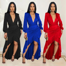Fashionable women's elegant V-neck slit long sleeved solid color dress