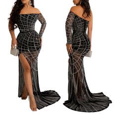 Sexy one shoulder see through rhinestone high slit dress, nightclub party style