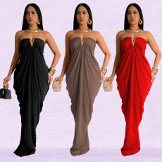 Fashion women's solid color sexy slim fit dress V-neck dress new