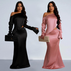 Fashion women's solid color slanted shoulder long sleeved fishtail skirt set new