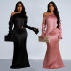 Fashion women's solid color slanted shoulder long sleeved fishtail skirt set new