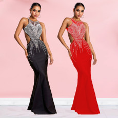 Fashion women's slim fit fishtail hot stamping dress with backless design