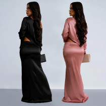 Fashion women's solid color slanted shoulder long sleeved fishtail skirt set new