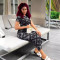 Women's short sleeved retro printed bag hip long skirt round neck slim fit high waist dress