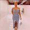 Washed denim dress with rhinestones, split ends, sandblasted, strapless straps, sexy women's long skirt