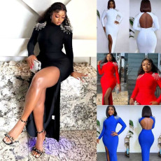 Women's semi high neck long sleeved solid color hip hugging long skirt high waist rhinestone backless high slit dress
