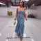 Micro elastic suspender low cut denim suit button down long skirt set